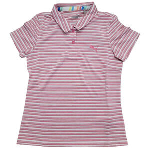 Puma Girls Striped Golf Polo Pink White Short Sleeve NWT